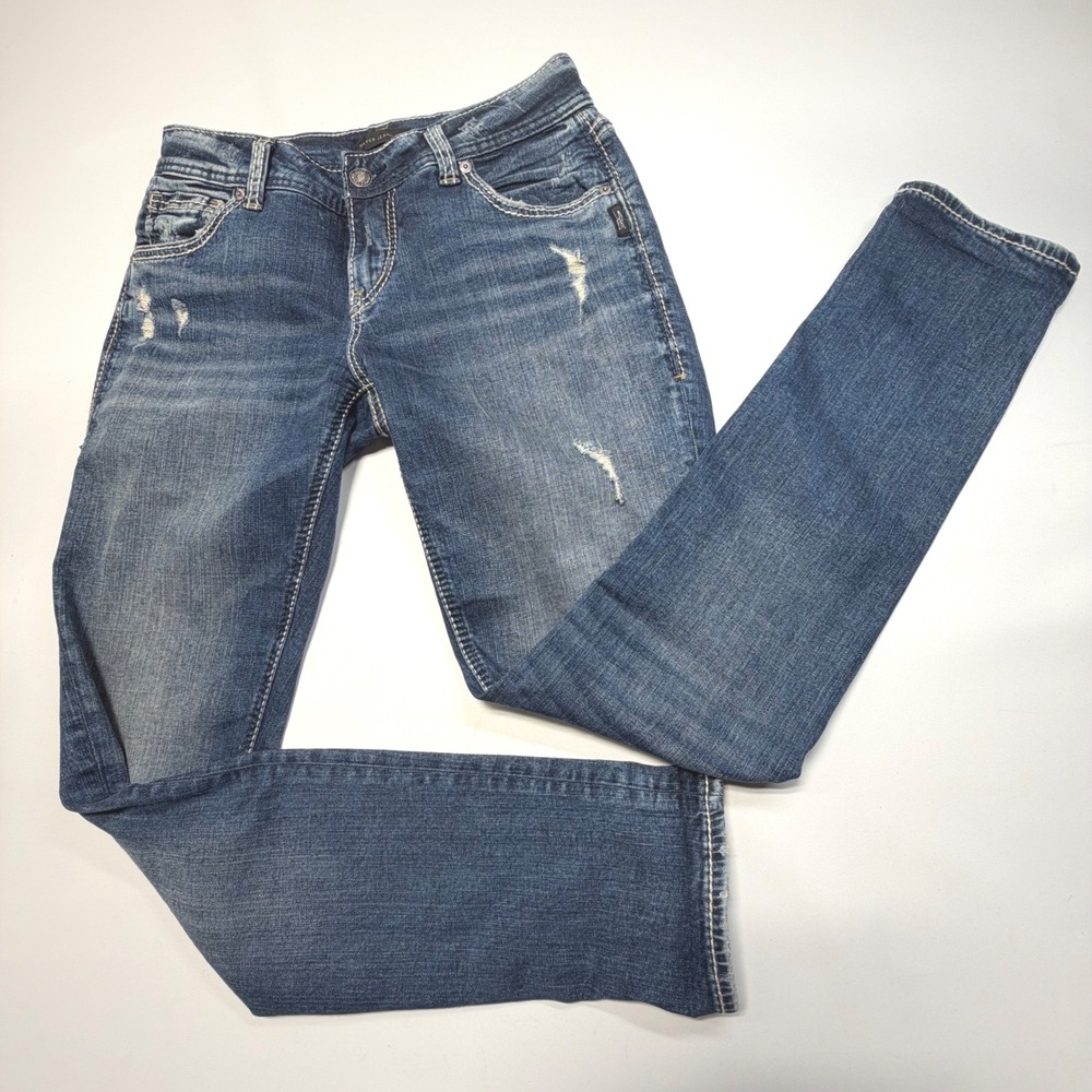 Silver Jeans Co Girlfriend 28/29 Distressed Medium Wash Stretch Denim
